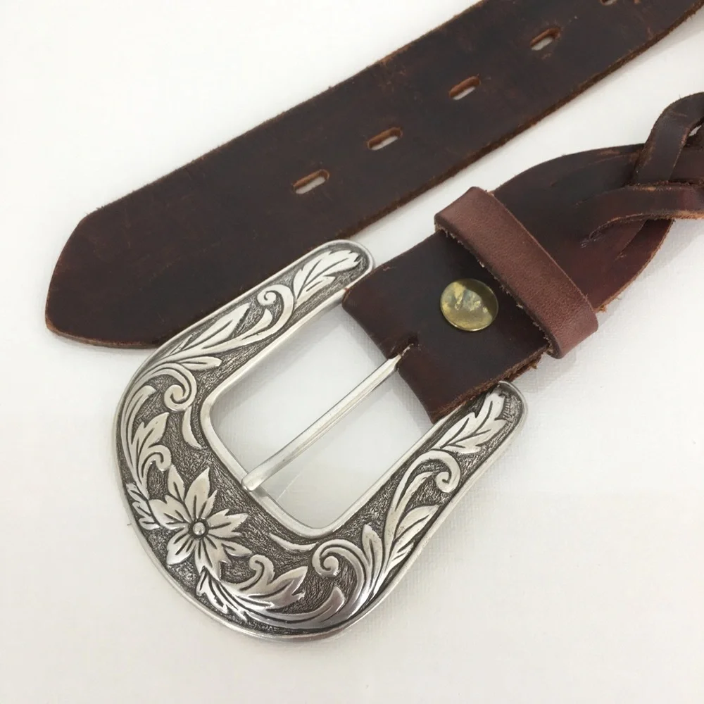 Chunky Braided Woven Leather Belt Dark Brown Western Floral Silver Buckle Boho